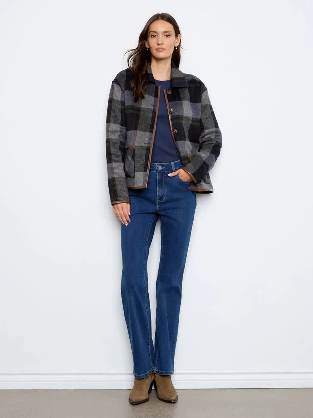 Reversible plaid jacket by Charlie B with leather binding trim and button closure