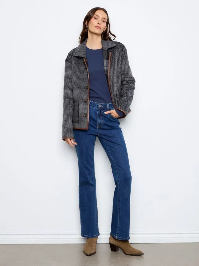 Reversible plaid jacket by Charlie B with leather binding trim and button closure