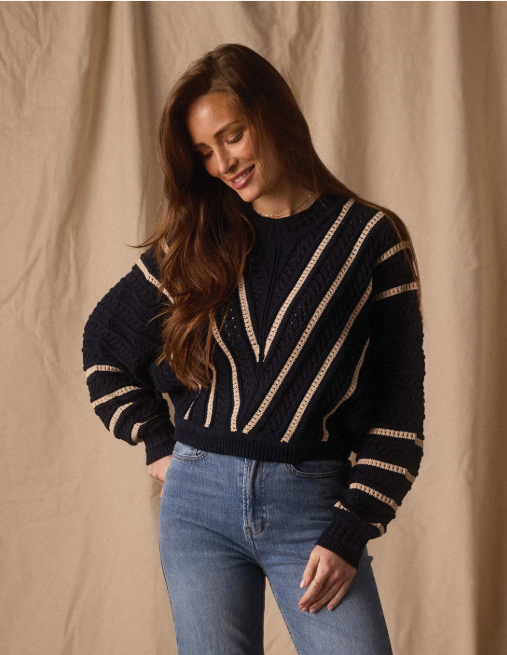 Apres Chevron Sweater, Navy/Birch Stripe