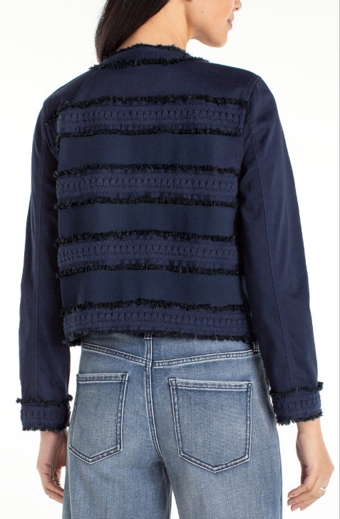 Collarless Jacket with Fray & Lace, Deep Midnight