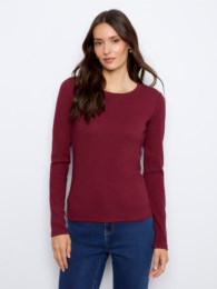 Merlot red ribbed long sleeve crew neck top by Charlie B in a cotton-tencel blend