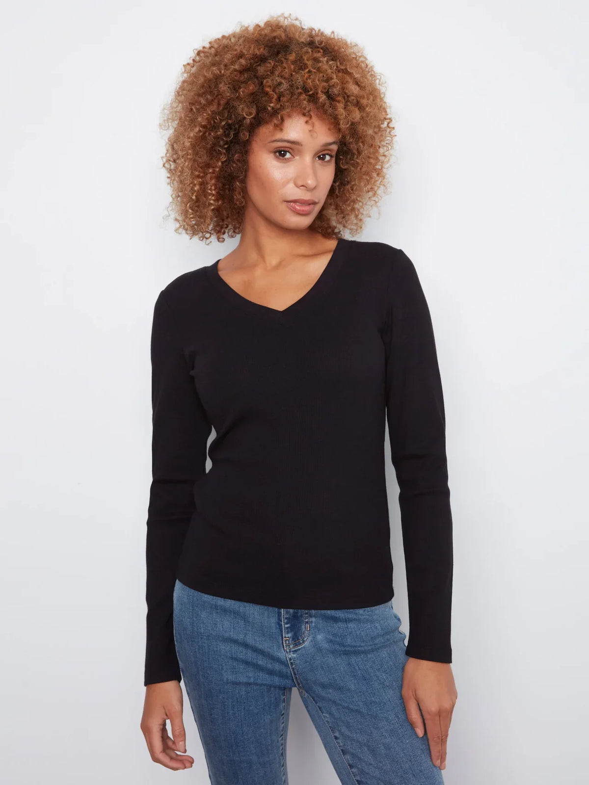 Black ribbed V-neck long sleeve top by Charlie B in a cotton-tencel blend
