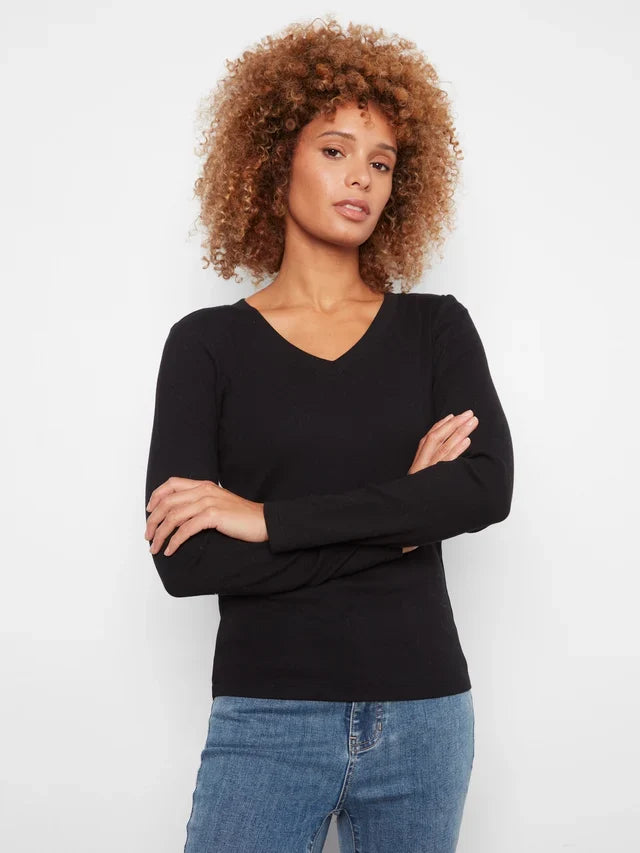 Black ribbed V-neck long sleeve top by Charlie B in a cotton-tencel blend