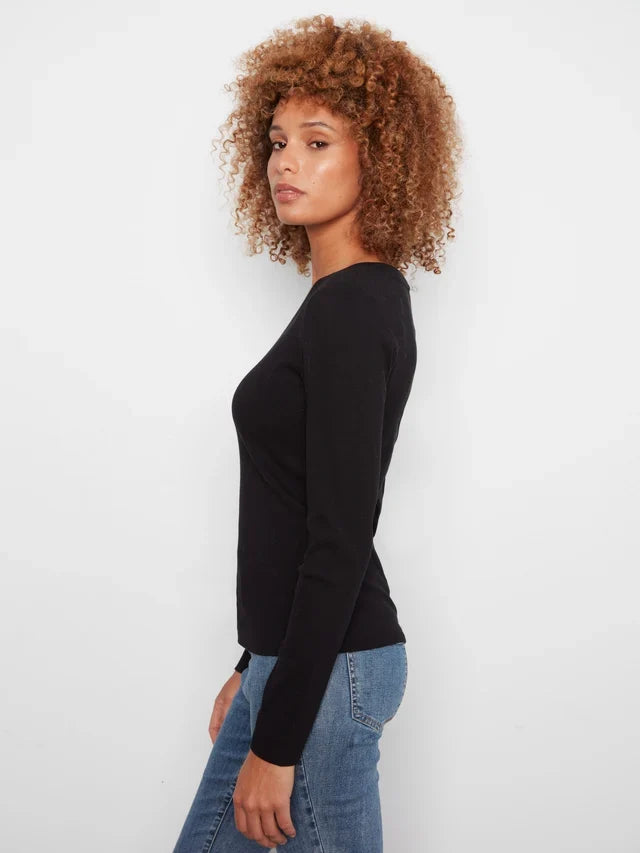 Black ribbed V-neck long sleeve top by Charlie B in a cotton-tencel blend