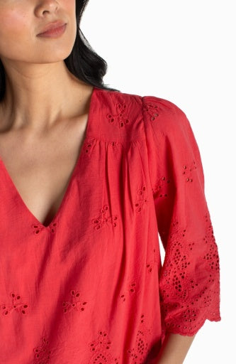 3/4 Sleeve Vneck Eyelet Woven Top, Cherry Rose