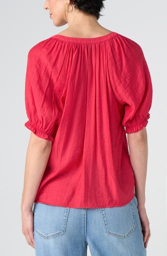 Short Sleeve Half Placket Woven Blouse, Cherry Rose