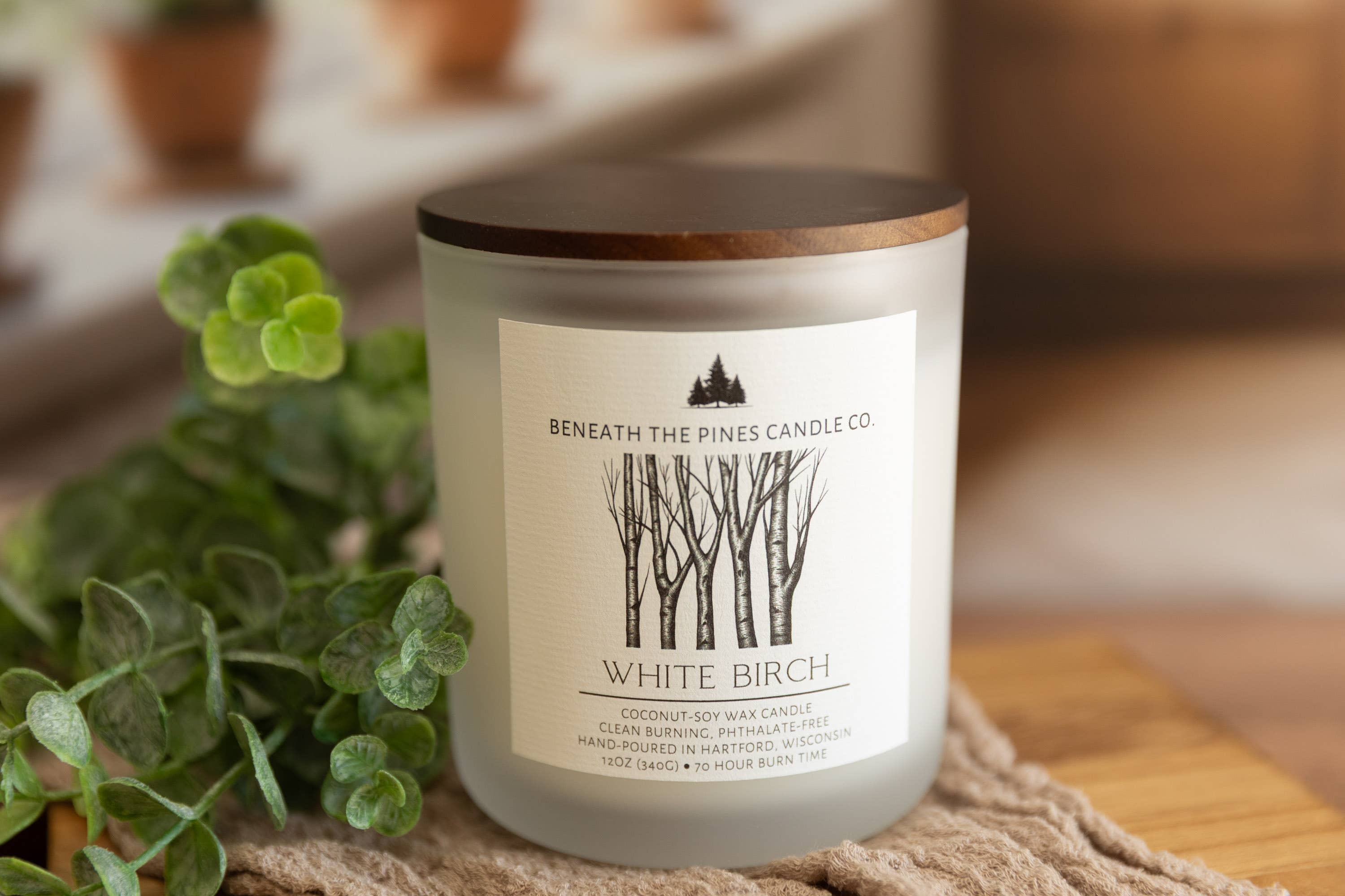 A frosted glass jar candle with a dark wood lid and a white label reading 'Beneath The Pines Candle Co. White Birch,' styled on a woven surface with green leaves in the foreground and a softly blurred indoor background.