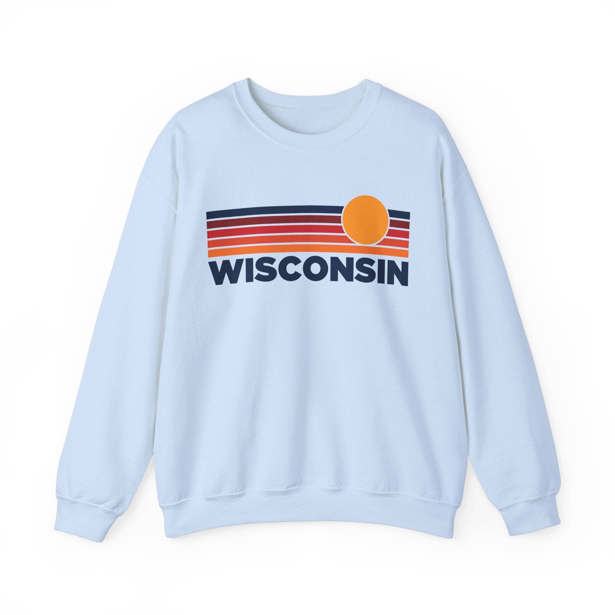 Light blue sweatshirt with 'Wisconsin' and a sun graphic on a white background