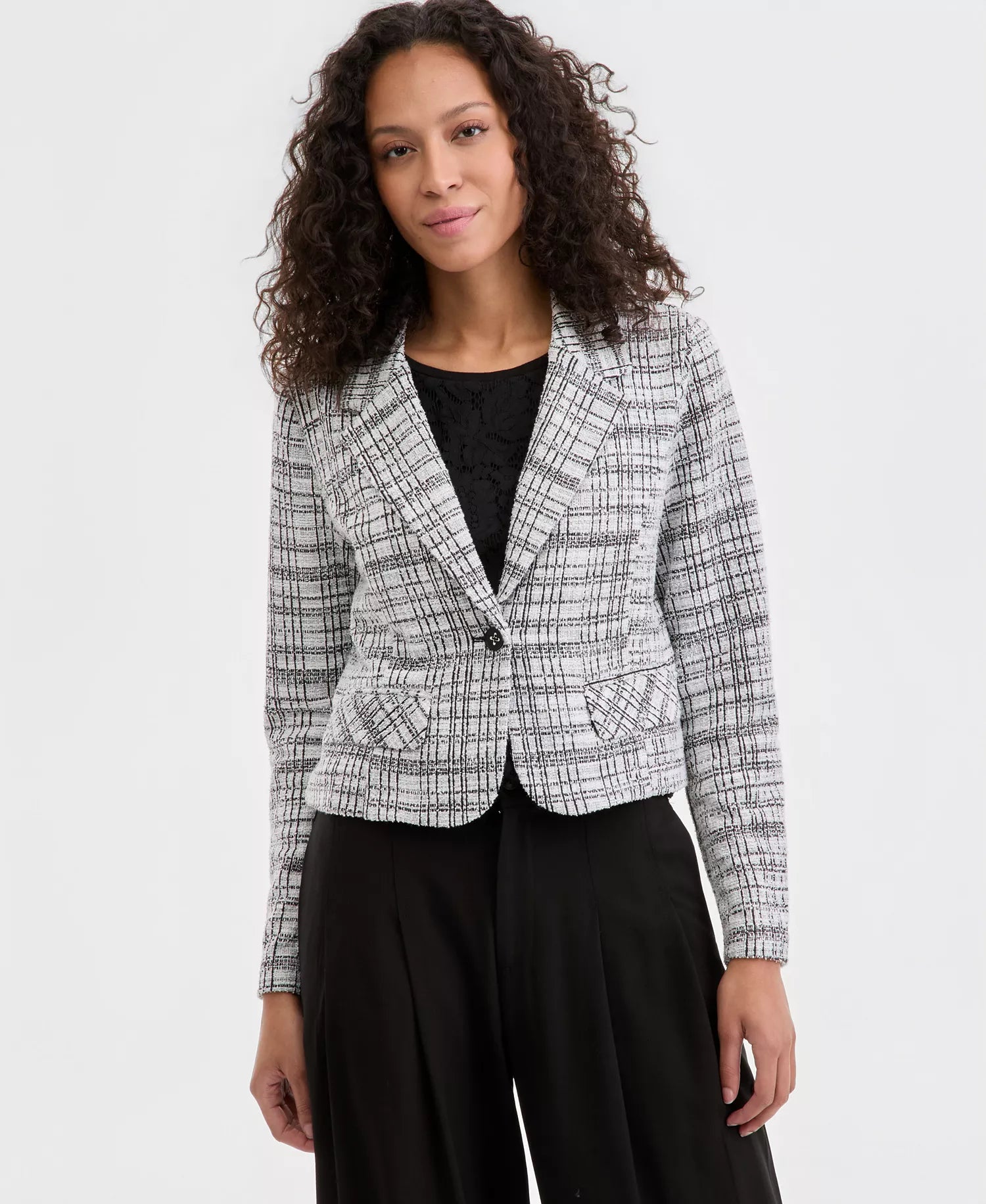 Notch Collar Cropped Blazer, Black & White Plaid