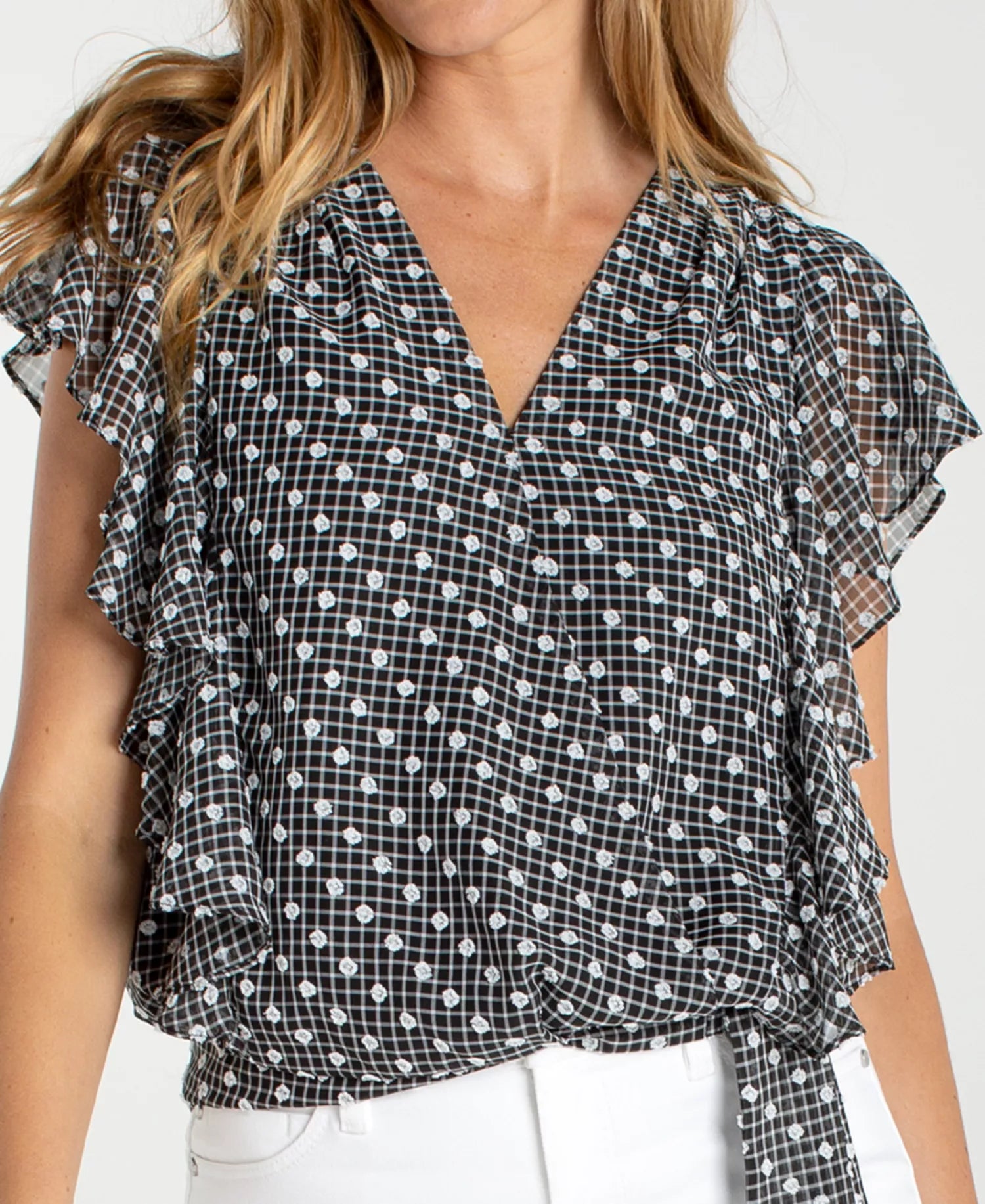 Ruffle Sleeve Woven Blouse, Black & White Plaid