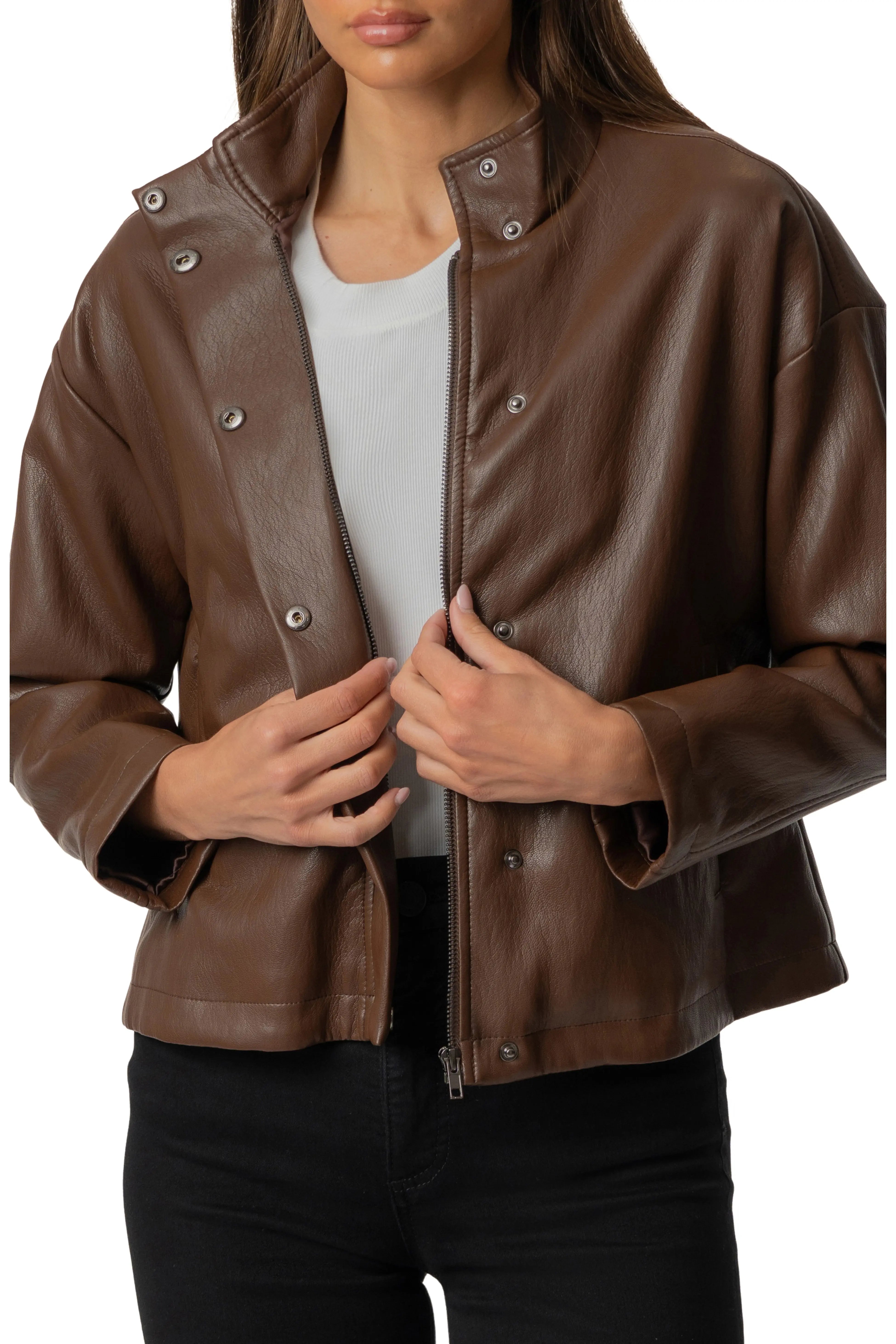Wren Drop Shoulder PU Leather High Collar Jacket, Chocolate