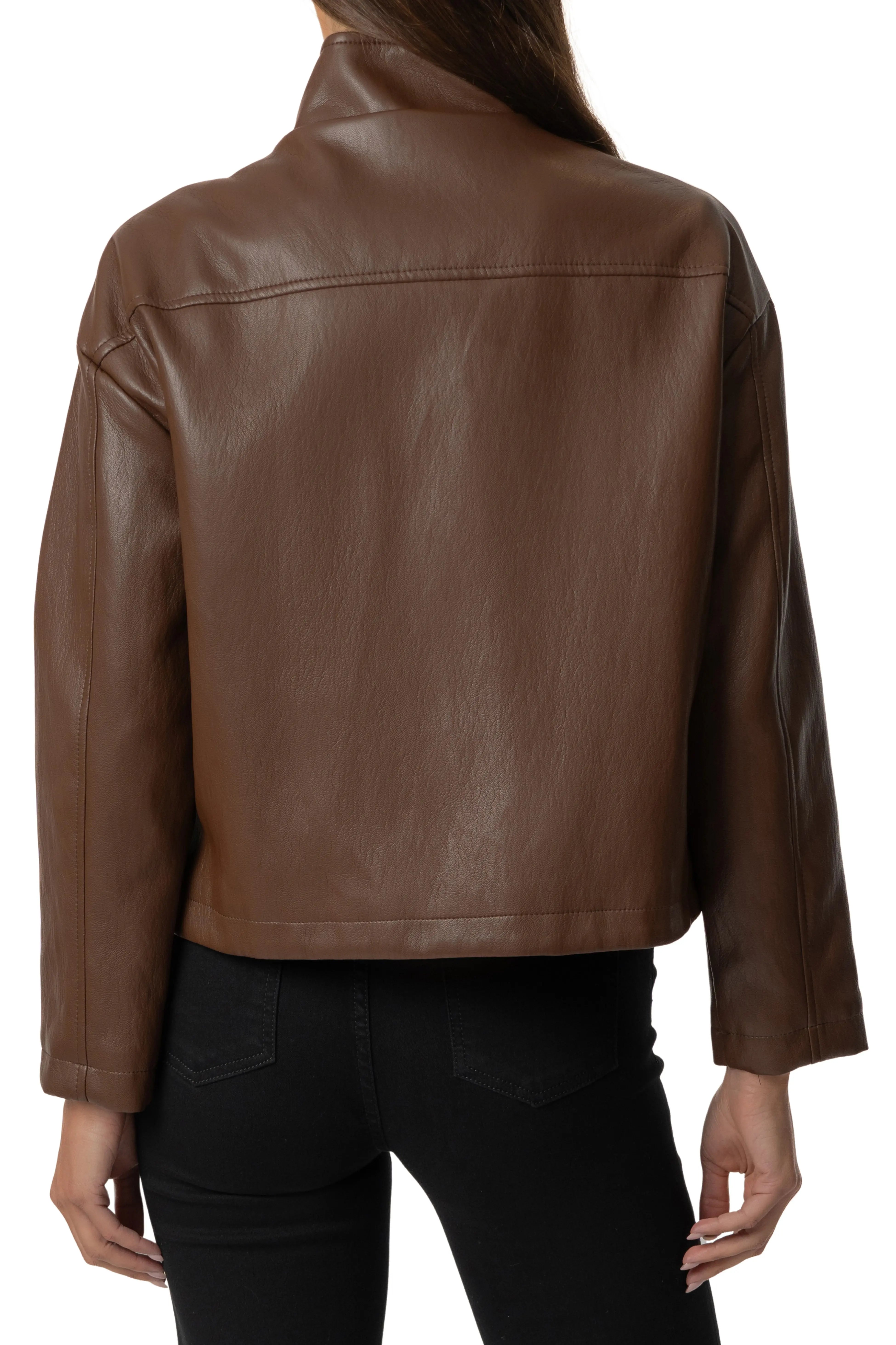 Wren Drop Shoulder PU Leather High Collar Jacket, Chocolate