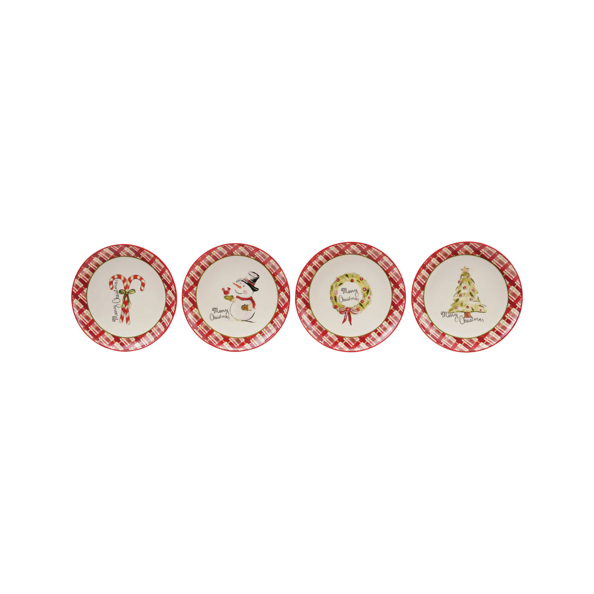 Stoneware Plate with Holiday Image & Plaid Border, Merry Christmas, 4 Styles