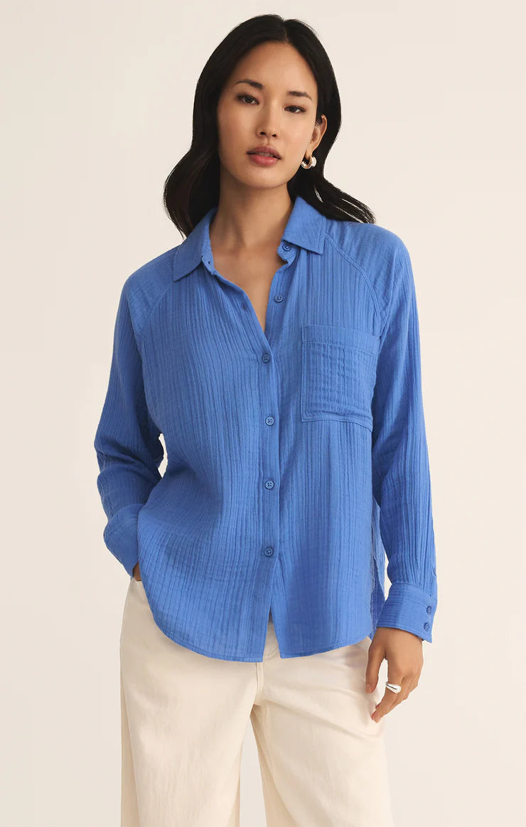 Perfect Airy Gauze Button-up, Bay Blue