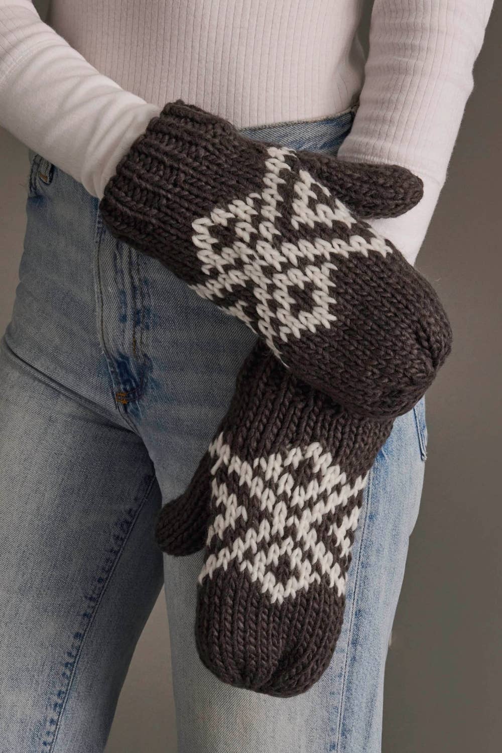 Panache Apparel Co. dark gray and white geometric knit mittens with ribbed cuffs