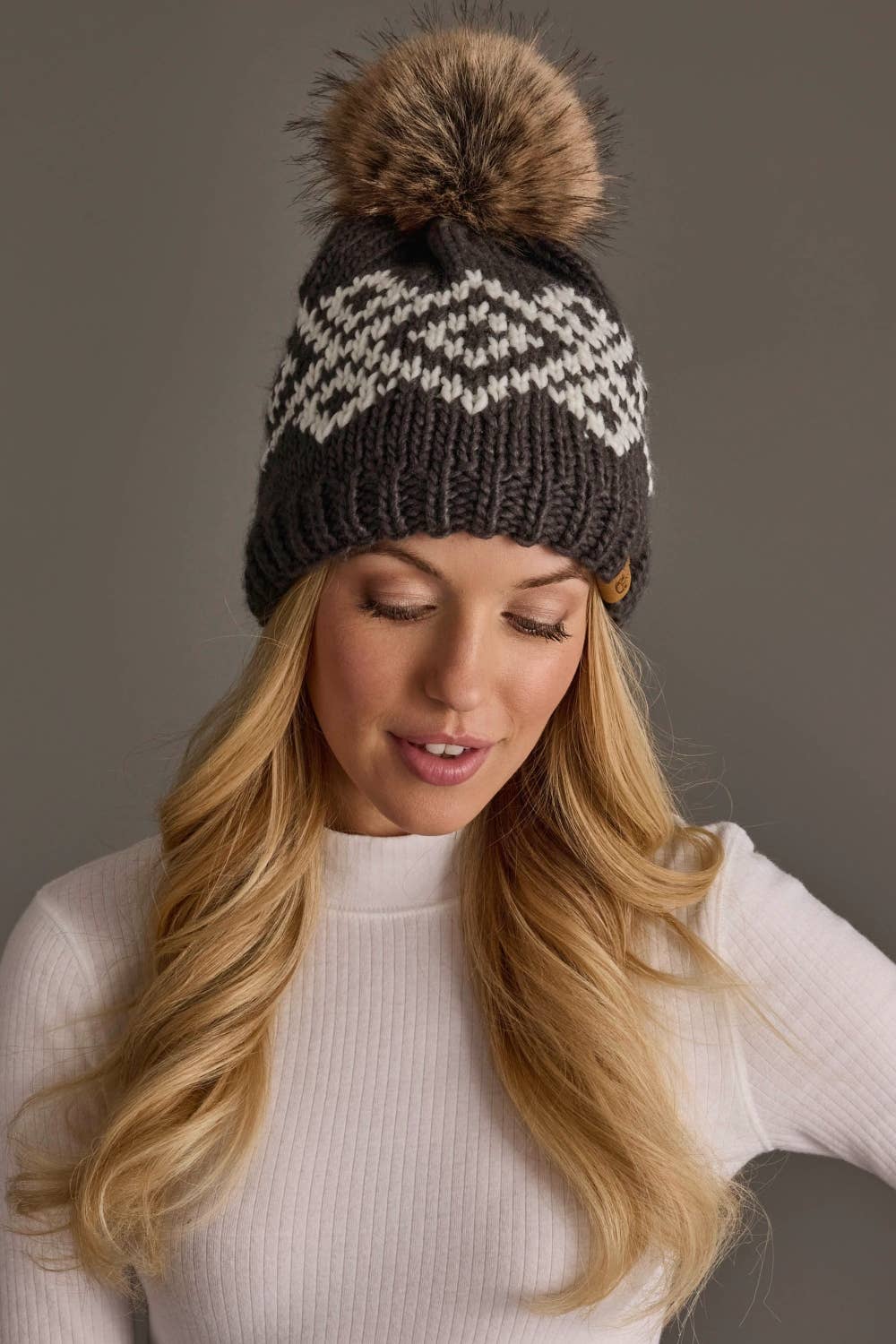 Panache Apparel Co. dark gray and white geometric knit pom hat with faux fur pom