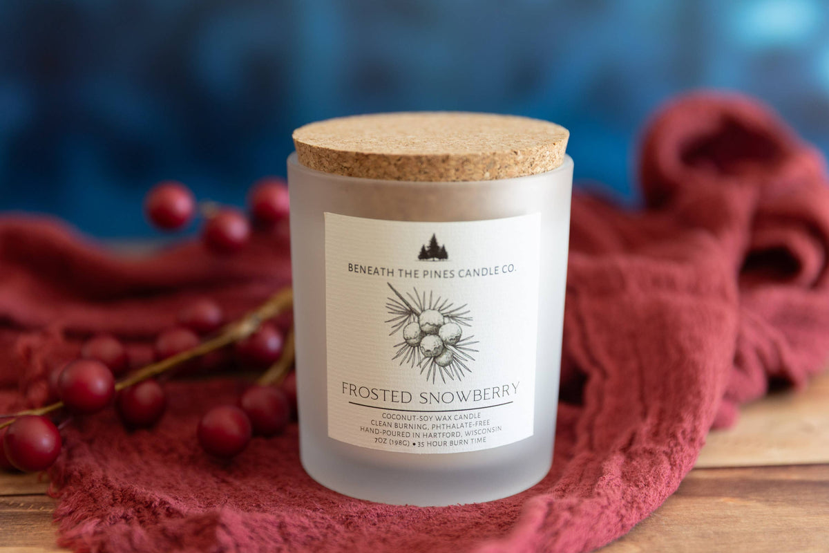 Beneath The Pines Candle Co. Frosted Snowberry soy candle in glass jar