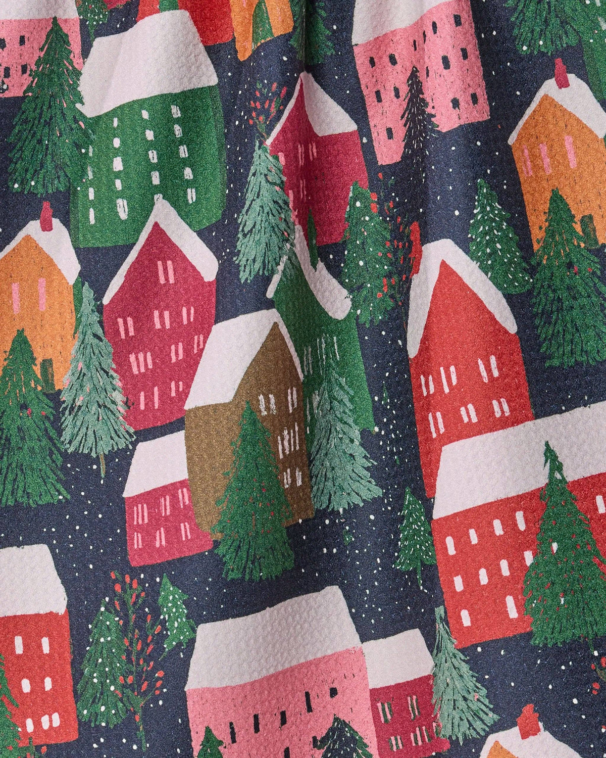 Geometry Alpine Village print cotton tea towel, holiday kitchen textile