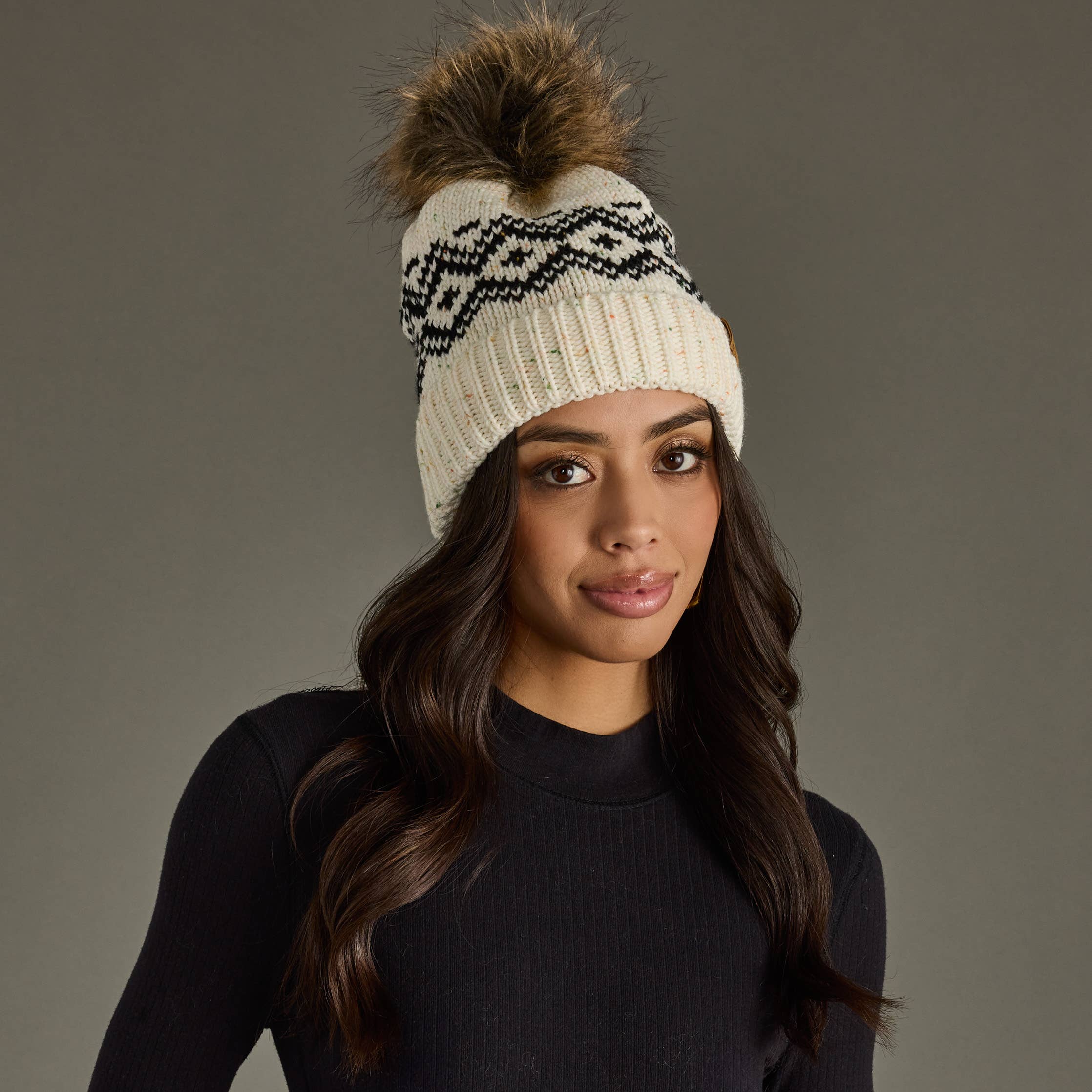 Cream & Speckled Pattern Pom Hat