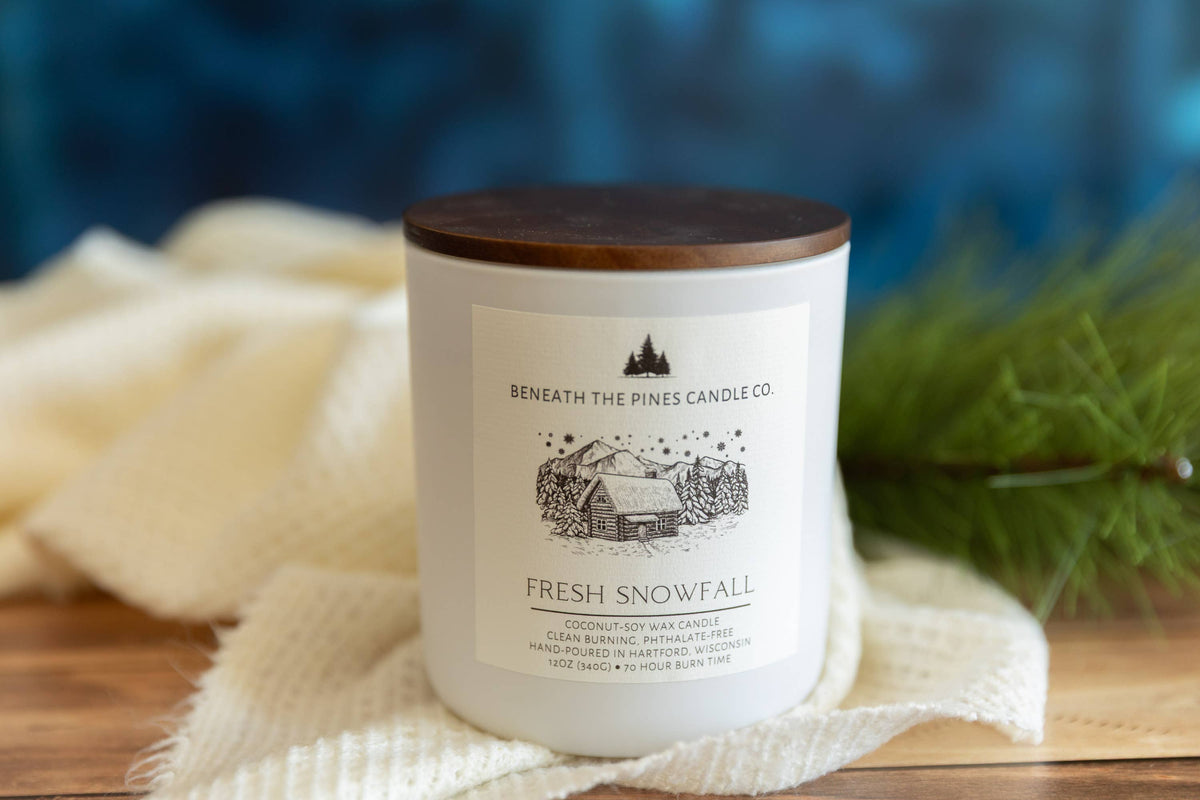 Beneath The Pines Candle Co. Fresh Snowfall soy candle in glass jar