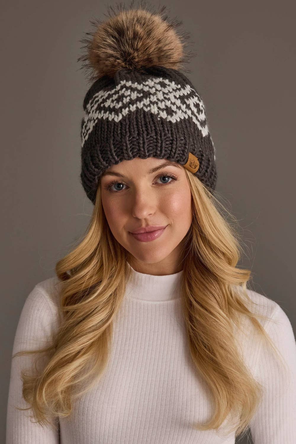 Panache Apparel Co. dark gray and white geometric knit pom hat with faux fur pom