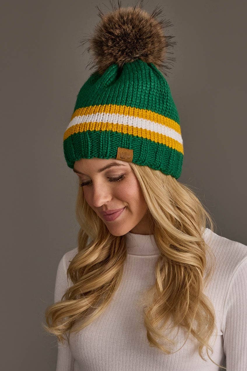 Panache Apparel Co. green, gold, and white striped knit pom hat with faux fur pom