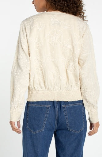 Long Sleeve Collarless Jacket with Smocking, Pale Sand