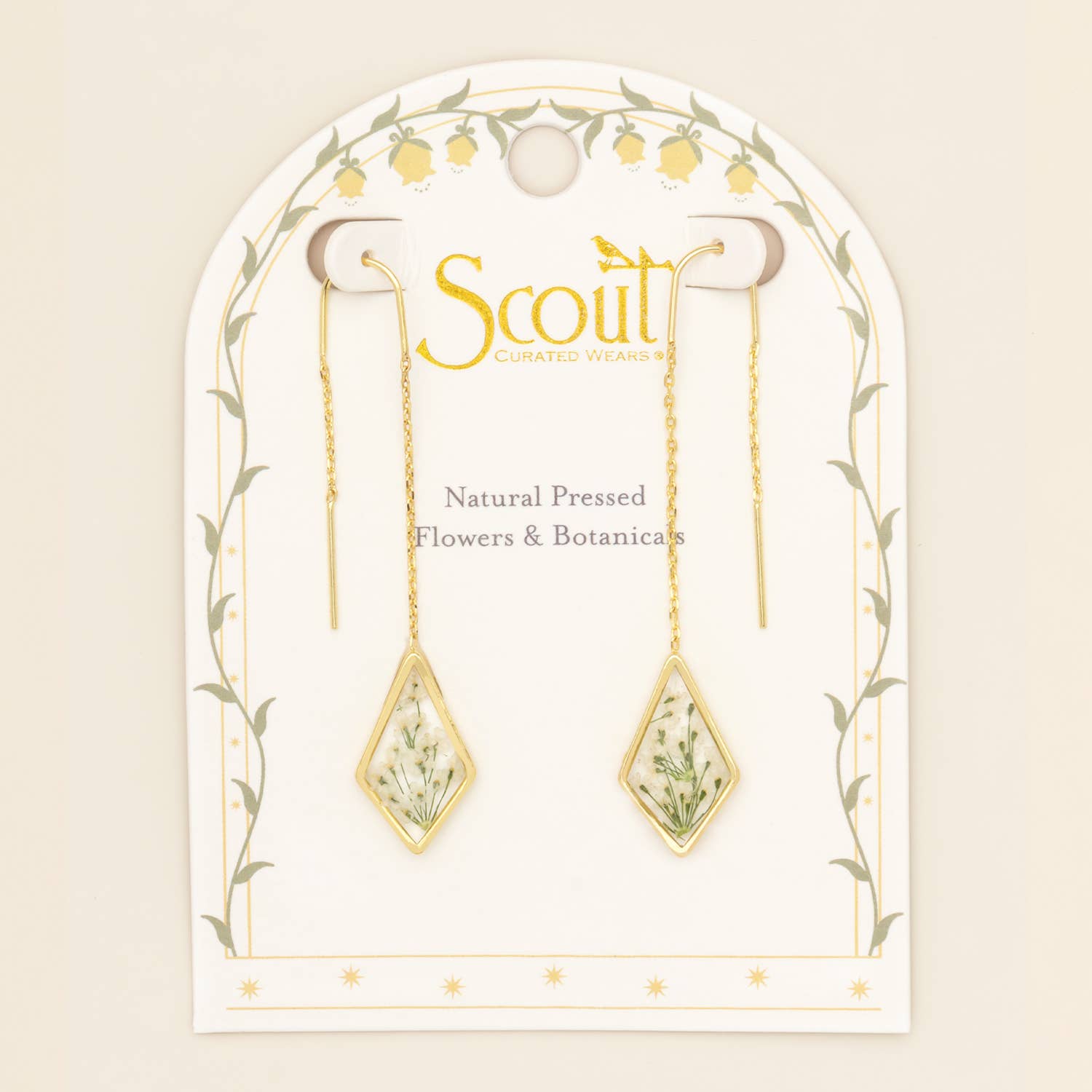 Pressed Flower Thread Earring - White Lace Flower/Gold