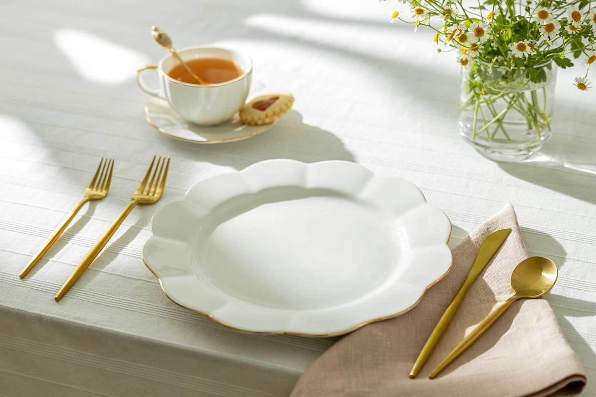 Grace Teaware white gold scallop 11 inch porcelain dinner plate, top view