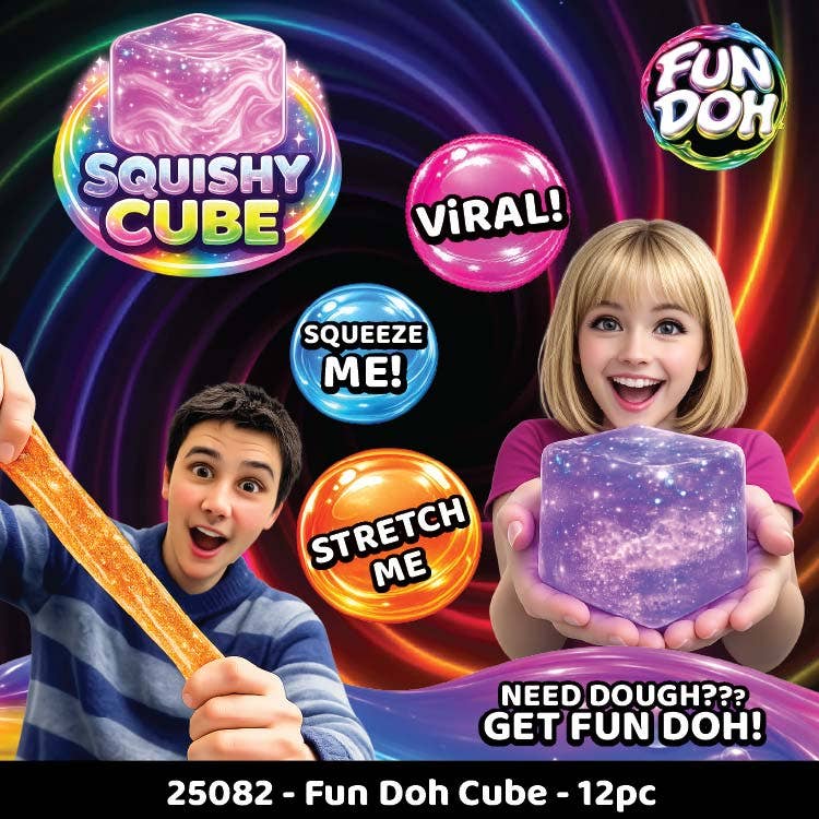 Novelty Brands Fun Doh Squish & Squeeze Sparkle Cube fidget toy, glitter dough-like texture