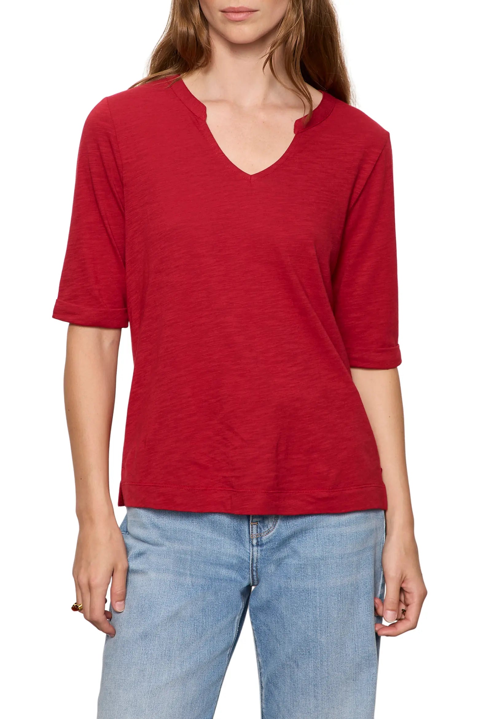 Dolce Notch Neck Tee, Red Berry