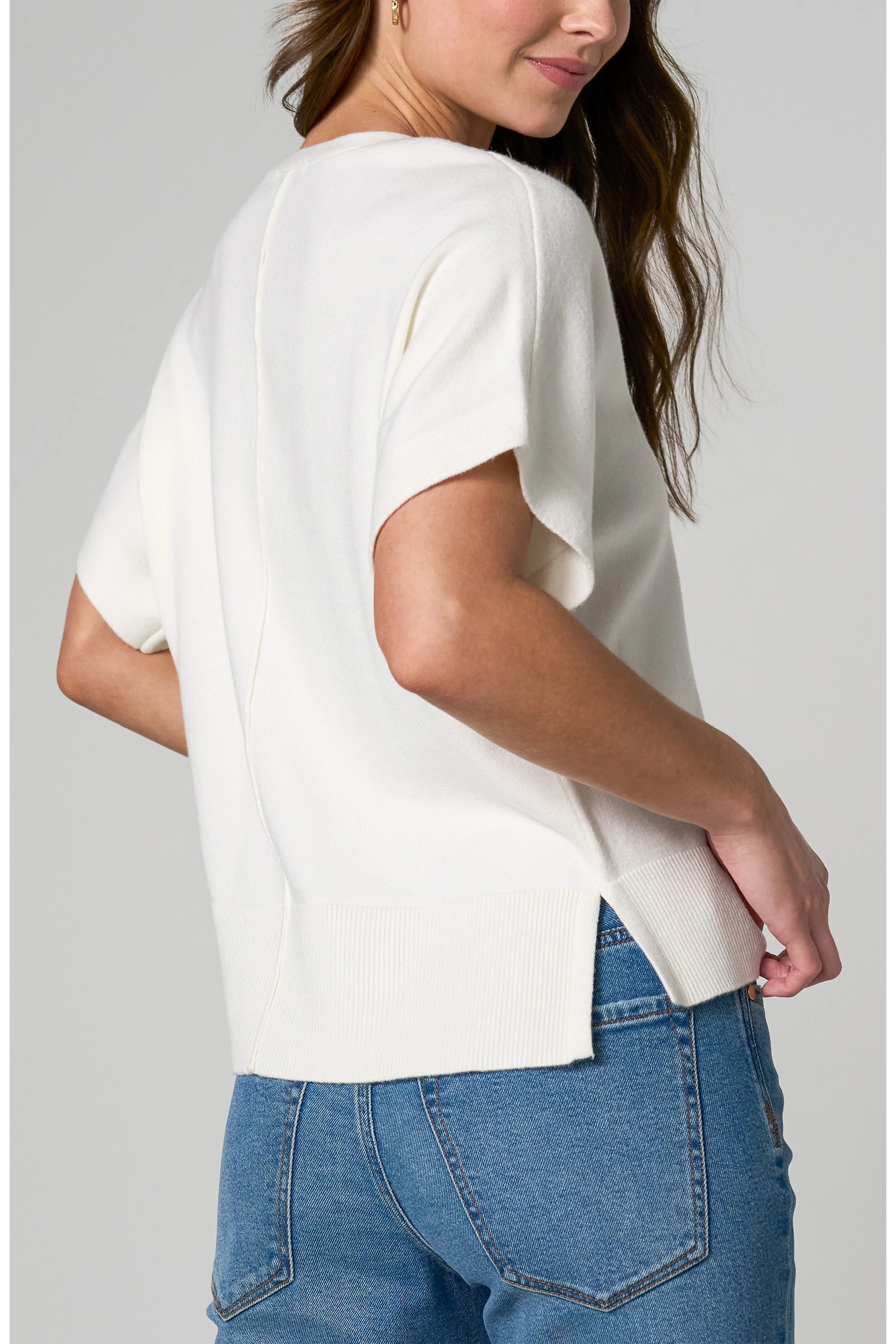 Short Sleeve Vneck Dolman Popover Sweater, Whipped Cream