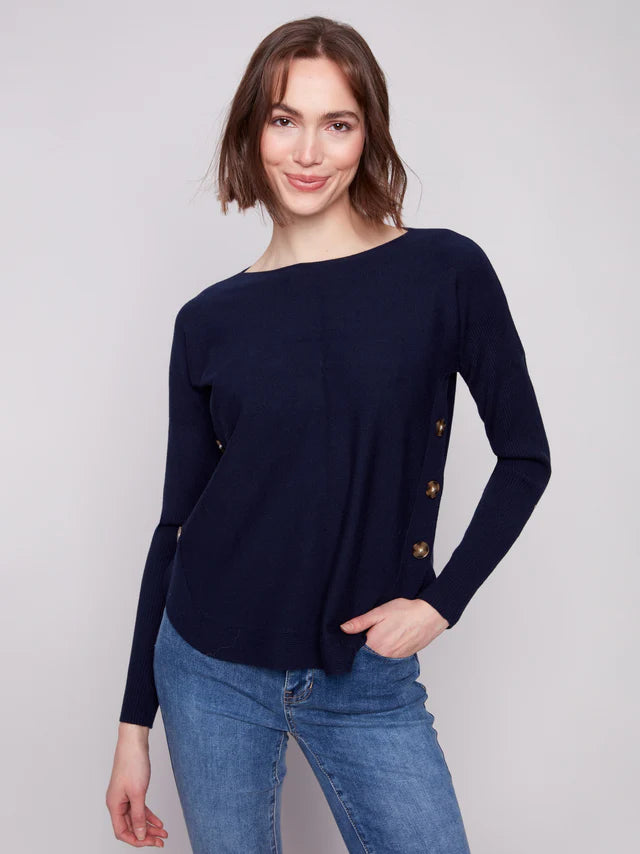 Boat neck sweater with side buttons, navy