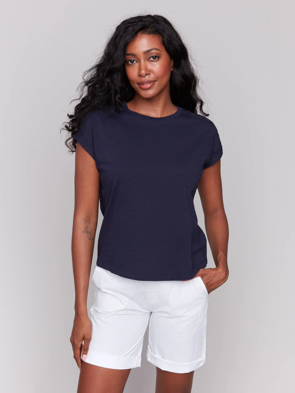 Drop Shoulder T-Shirt with Lace Detail,  Navy