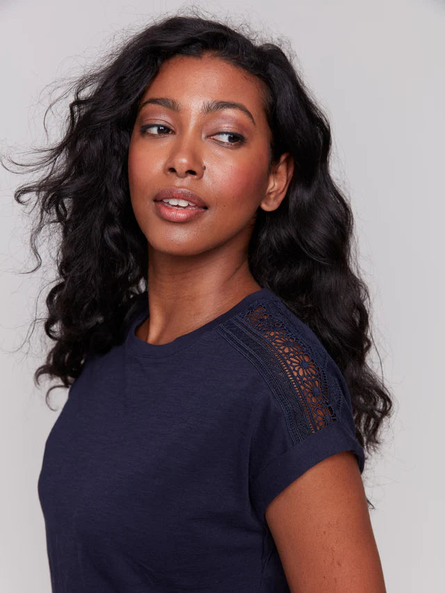 Drop Shoulder T-Shirt with Lace Detail,  Navy