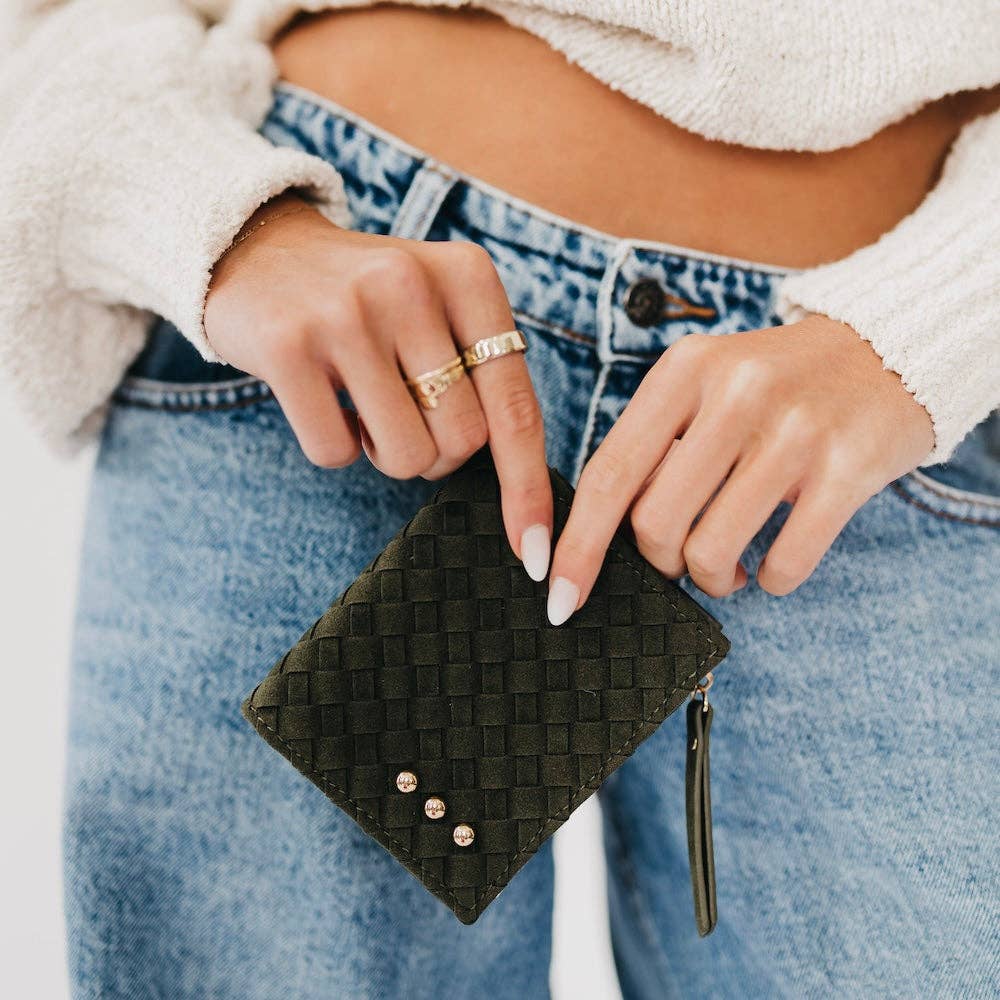 Pretty Simple Kat faux suede wallet in chocolate, camel, and black