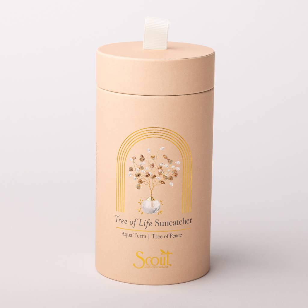Scout Curated Wears Tree of Life suncatcher in Aqua Terra, Peace, with gold