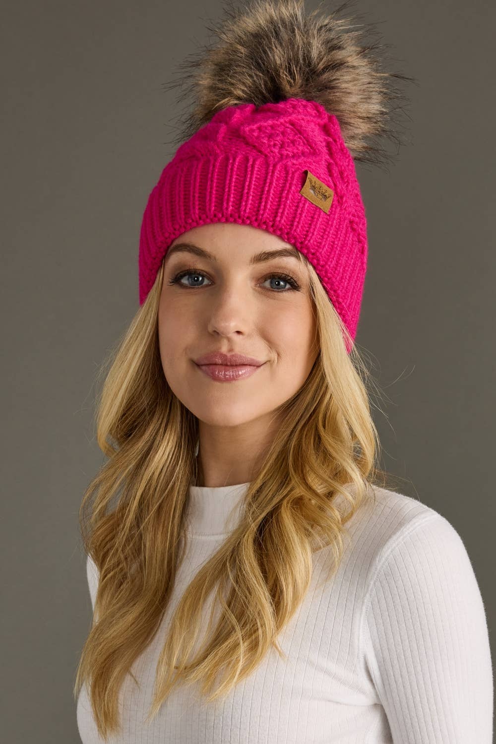 Bright Pink Cable Knit Pom Hat