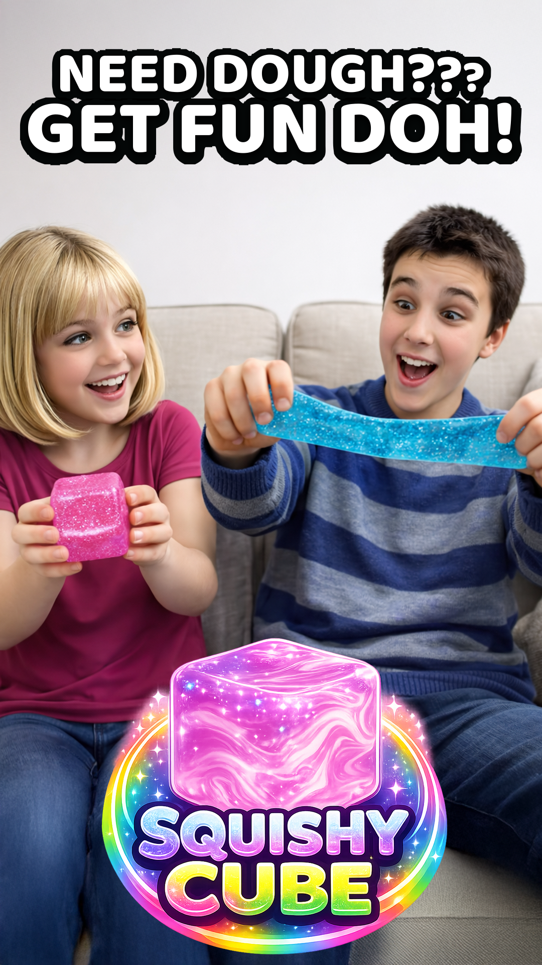 Novelty Brands Fun Doh Squish & Squeeze Sparkle Cube fidget toy, glitter dough-like texture