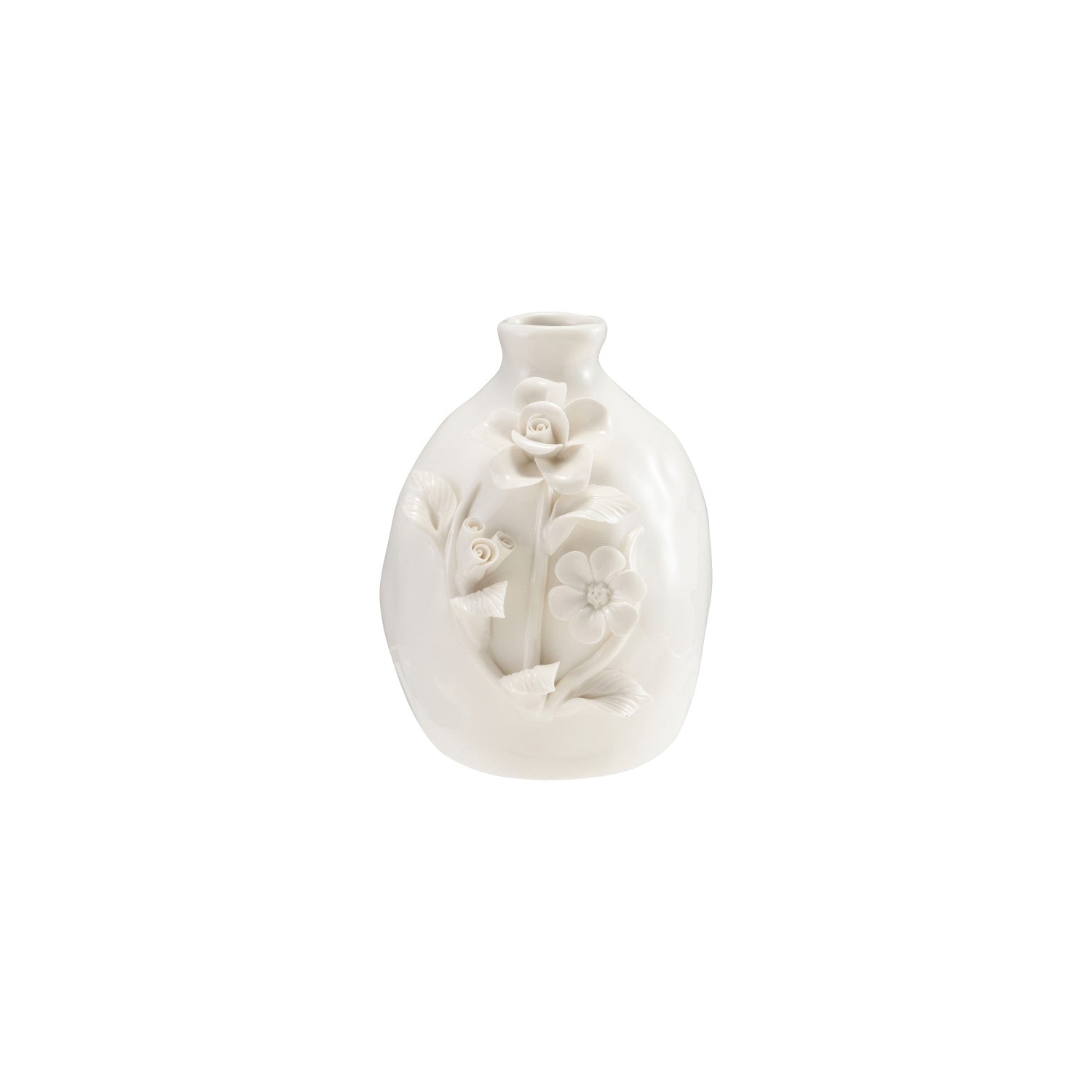 Stoneware Vase with 3D Flowers, White