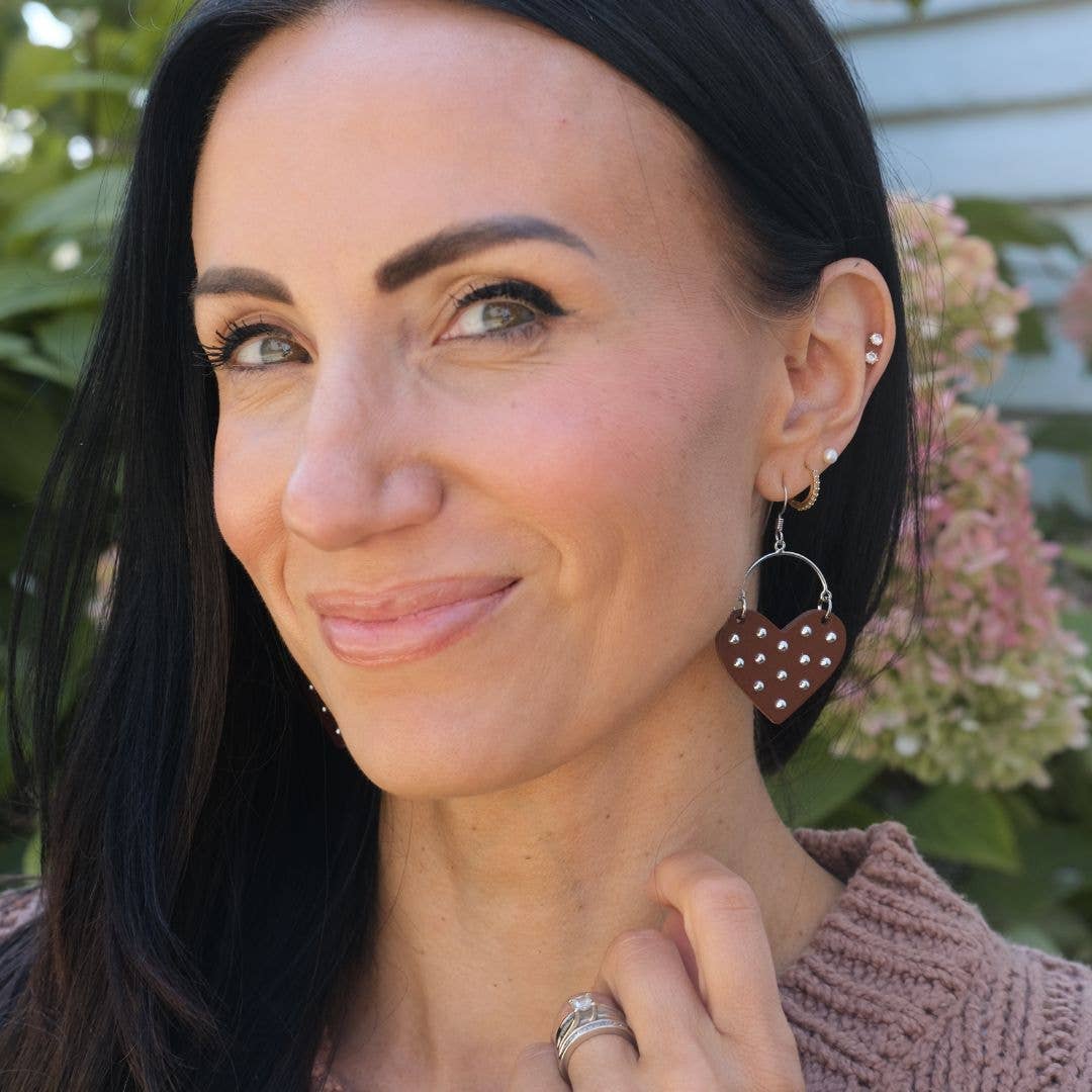 Brown Harlow Studded Heart Hoop Earrings