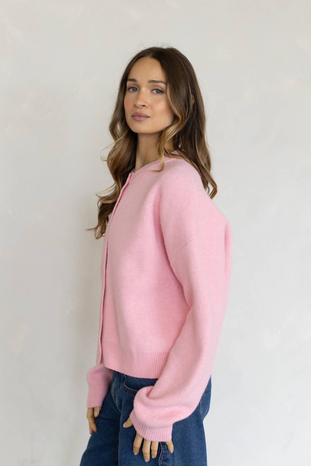Alyssa Cardigan by Things Between in Cotton Candy with oversized buttons