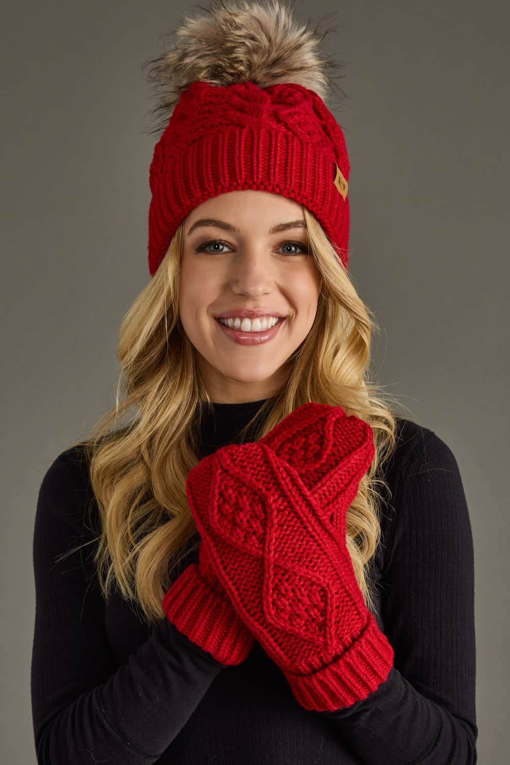 Red Cable Knit Pom Hat