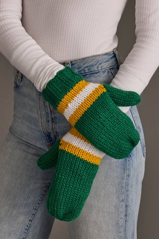 Panache Apparel Co. green, gold, and white striped knit mittens with ribbed cuff