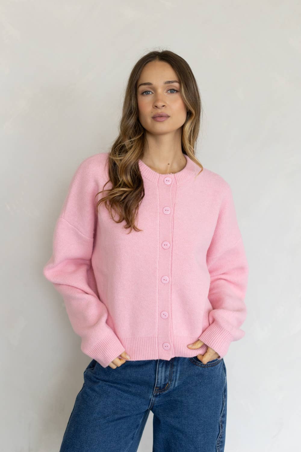 Alyssa Cardigan by Things Between in Cotton Candy with oversized buttons