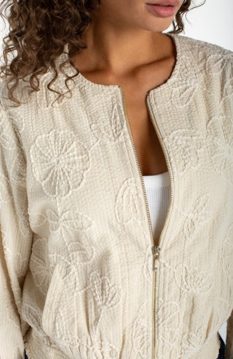Long Sleeve Collarless Jacket with Smocking, Pale Sand