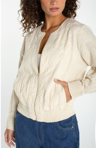 Long Sleeve Collarless Jacket with Smocking, Pale Sand