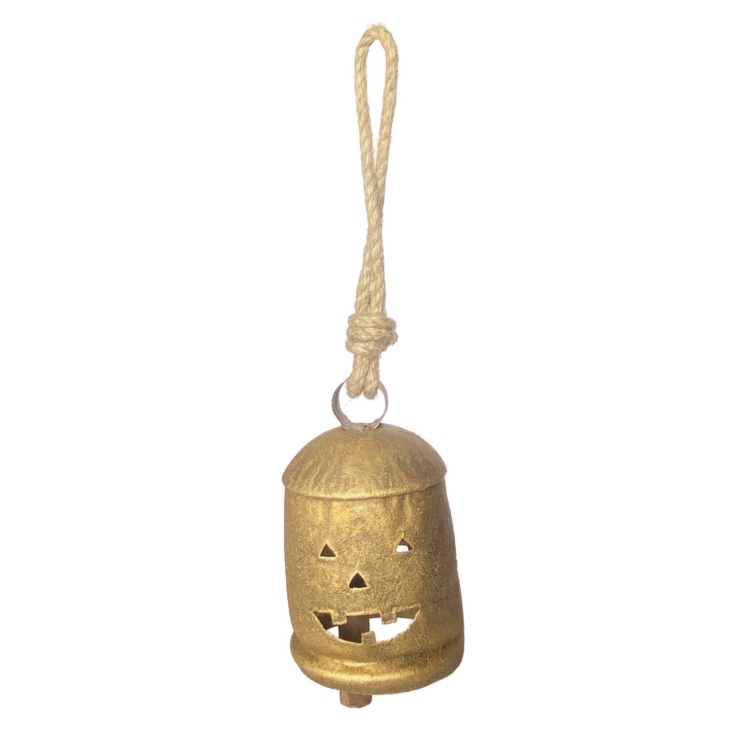 Metal Bell with Jack-O-Lantern Cut-Outs & Jute Hanger, Antique Gold Finish