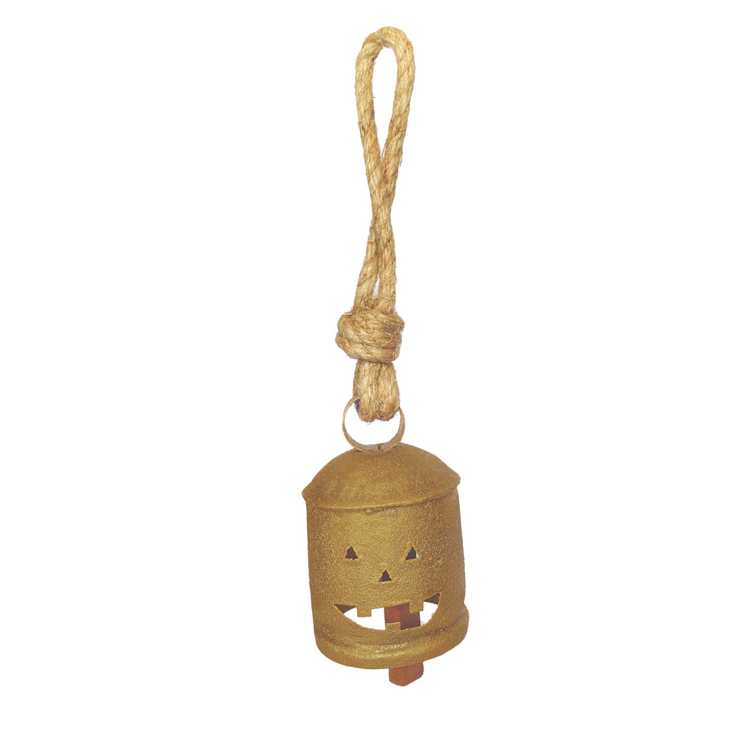 Metal Bell with Jack-O-Lantern Cut-Outs & Jute Hanger, Antique Gold Finish, Small