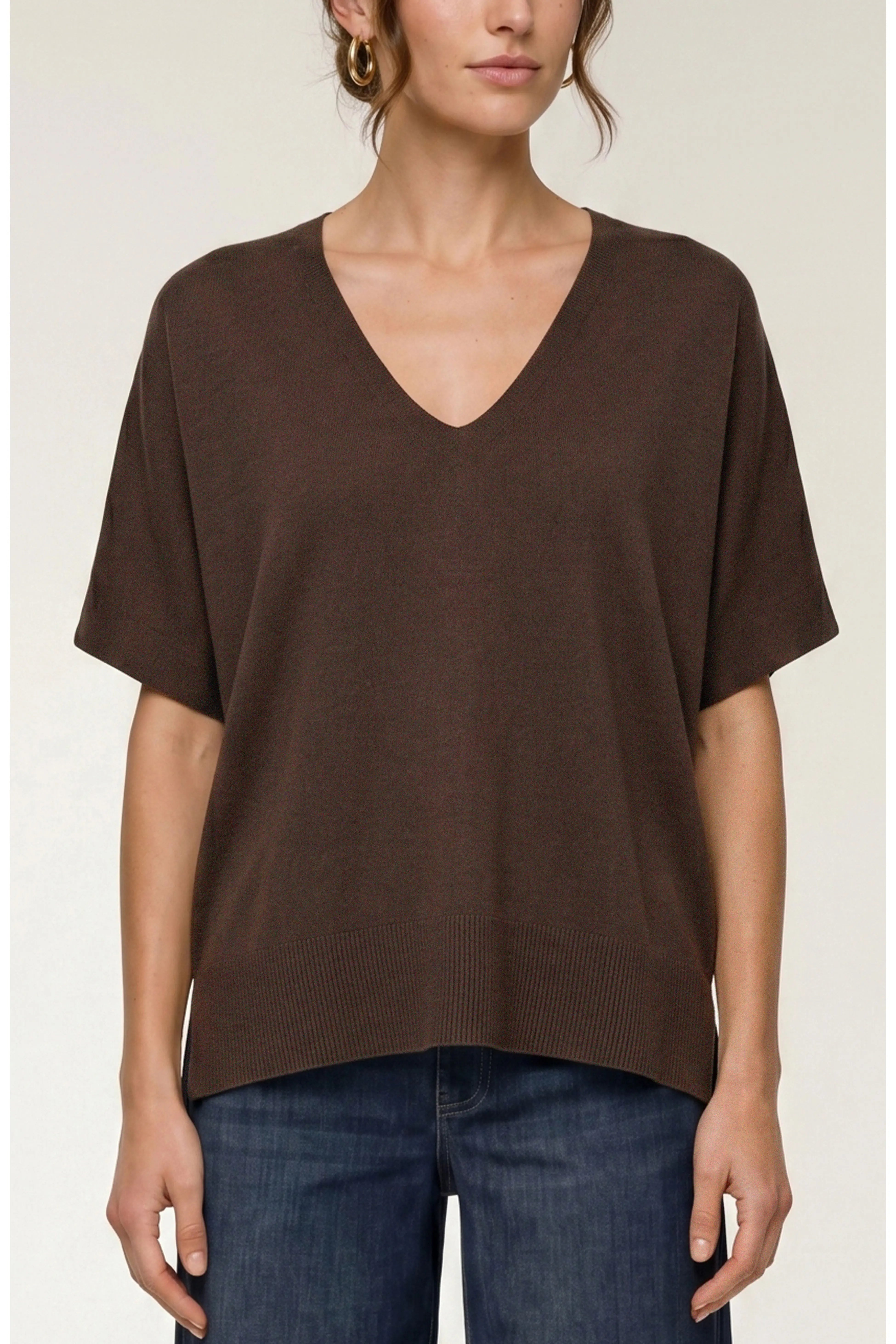 Short Sleeve Vneck Dolman Popover Sweater, Java